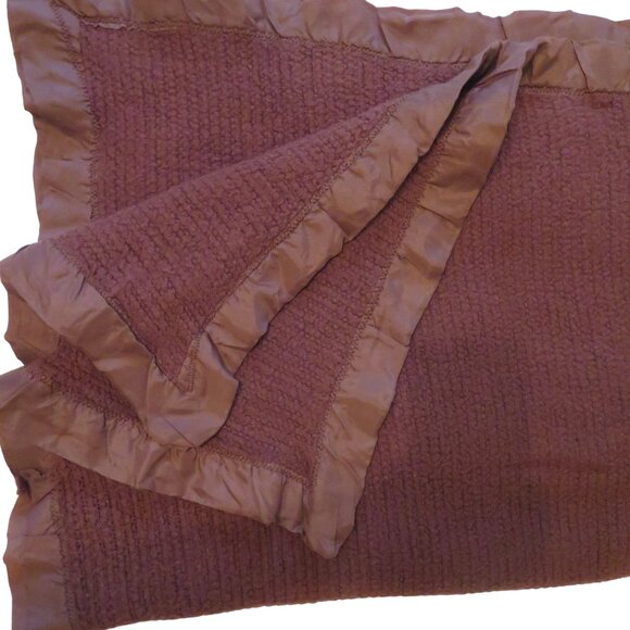 Vintage Acrylic Waffle Weave Blanket All Around Satin Trim Dark Brown USA Made - Picture 4 of 11